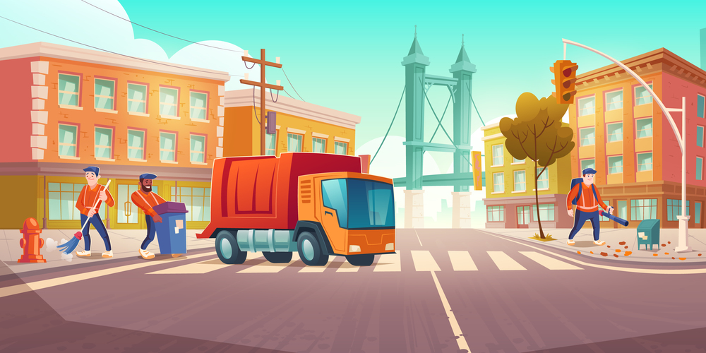 Street cleaning with garbage truck and sweeper characters in city. Workers sorting trash, sweep and remove leaves. Cleaner car vehicle move on road, urban sanitary service, Cartoon vector illustration. Street cleaning with garbage truck and sweepers