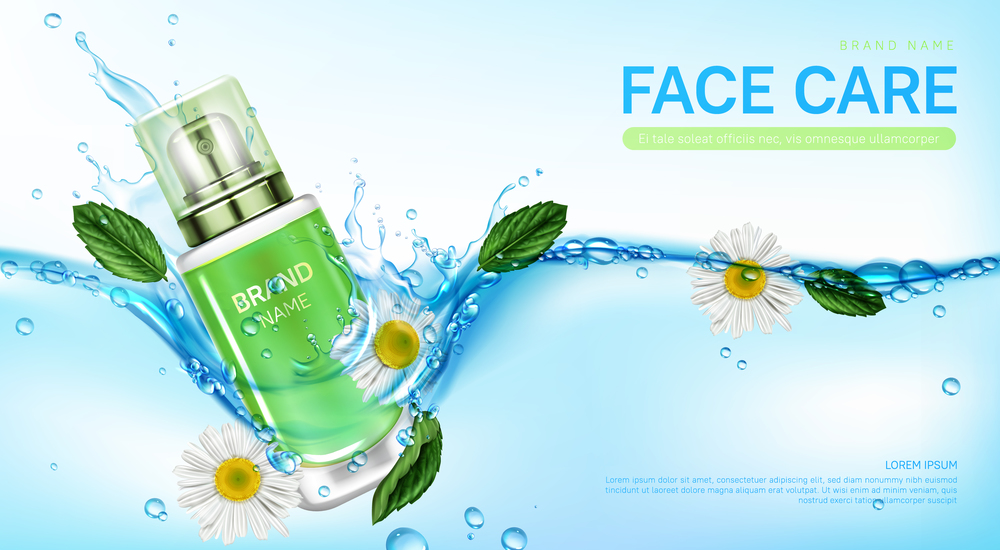 Face care cosmetic product in water splash with mint and chamomile flowers. Vector realistic brand poster with skincare gel or cream in glass bottle. Promo banner, advertising background. Cosmetic products in water splash with herb