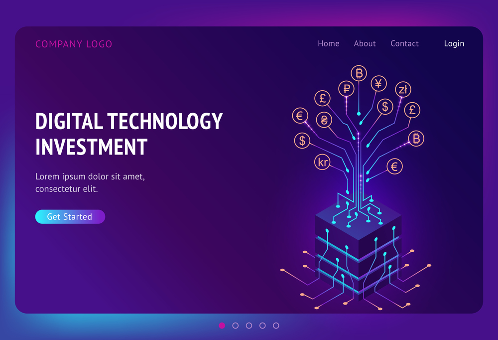 Digital technology investment isometric landing page. Business profit growth concept, returns on investment with money tree, currency and cryptocurrency coins on circuit branches, 3d vector web banner. Digital technology investment isometric landing