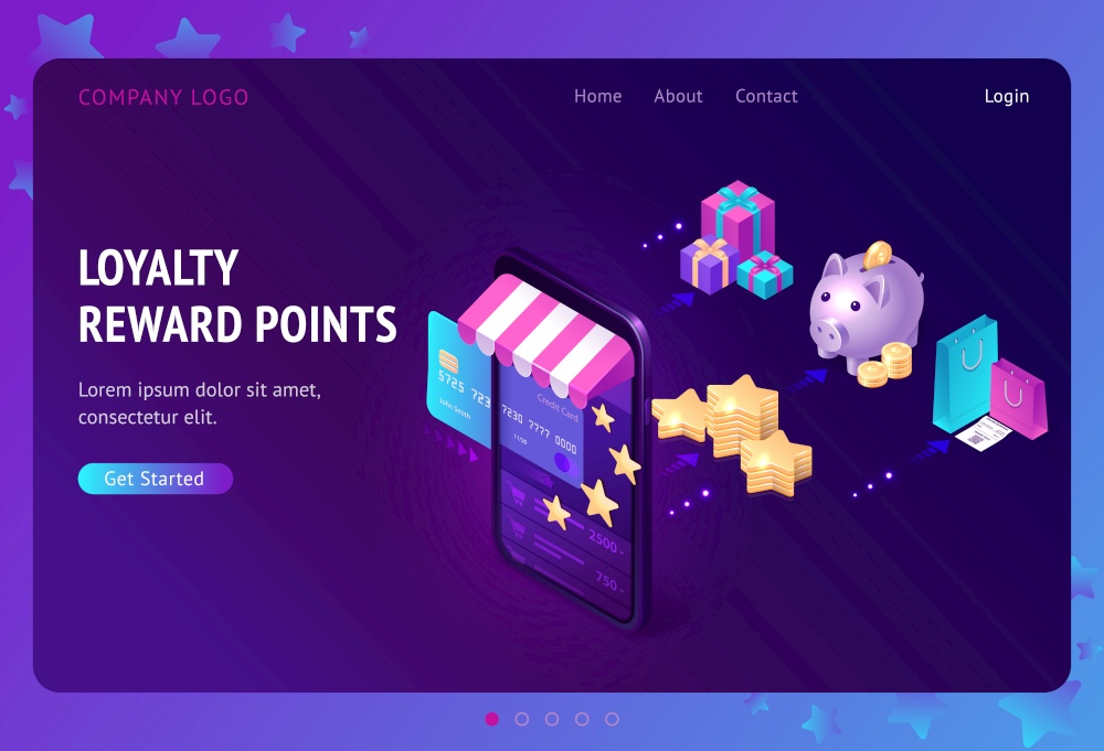 Loyalty program with bonus points isometric landing page. Service application for online shopping, credit card in store smartphone, gift boxes, bags, piggy bank and golden stars, 3d vector web banner. Loyalty program with bonus points landing page