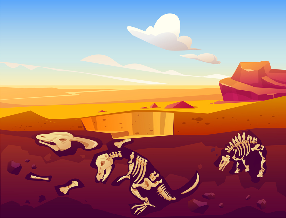 Fossil dinosaurs excavation, paleontology and archeology works. Vector cartoon illustration of desert landscape with buried skeletons of prehistoric reptiles underground. Fossil dinosaurs excavation in sand desert