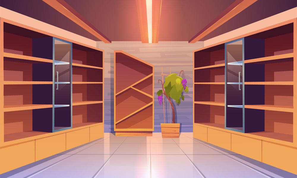 Wine shop, cellar interior with empty wooden shelves, showcase with glass door, potted grapes vine, tiled floor and glow lamps. Alcohol beverage store in building basement. Cartoon vector illustration. Wine shop interior with empty wooden shelves.