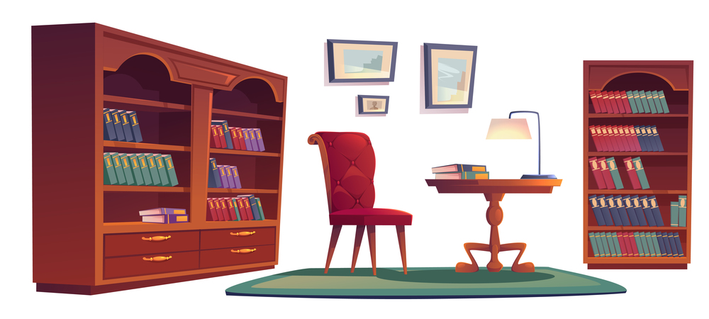 Library vip interior set with bookcases, chair, desk and lamp. Vector cartoon set of old luxury furniture in home library or office with wooden bookshelves, armchair, carpet and picture frames. Old vip library interior with bookcases