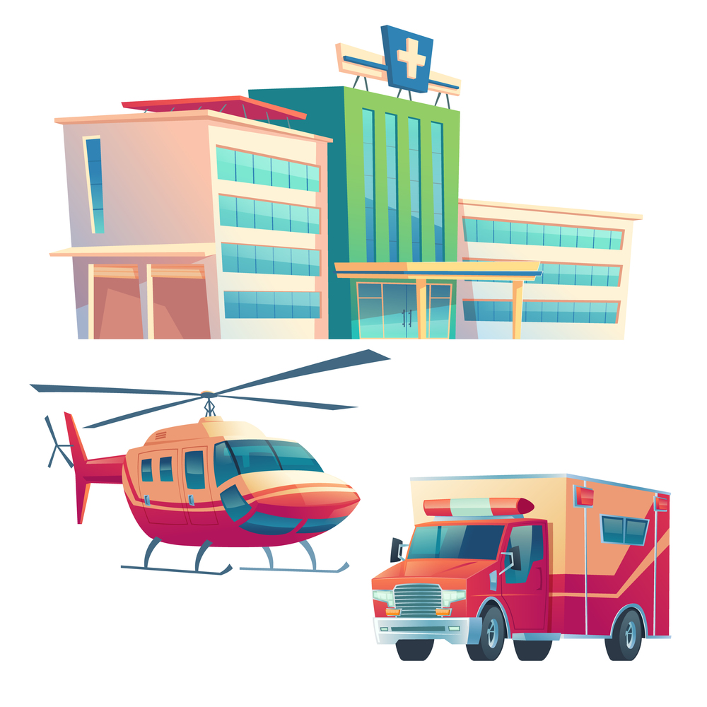 Hospital building, ambulance car and helicopter isolated on white background. Vector cartoon illustration of medical clinic, urgent first aid service, emergency rescue and ambulatory service. Hospital building, ambulance car and helicopter