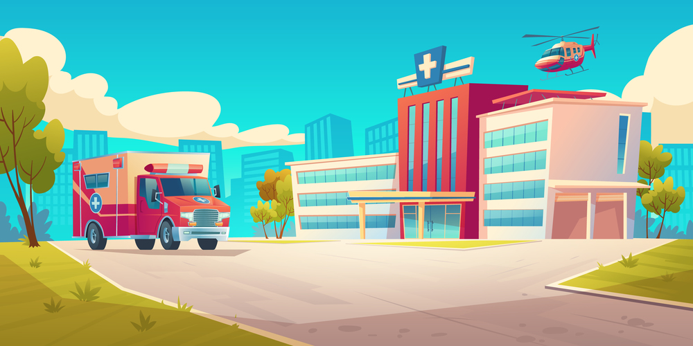 Cityscape with hospital building, ambulance car and helicopter. Vector cartoon illustration of medical clinic on town street, urgent first aid service, emergency rescue and ambulatory service. Cityscape with hospital building and ambulance car