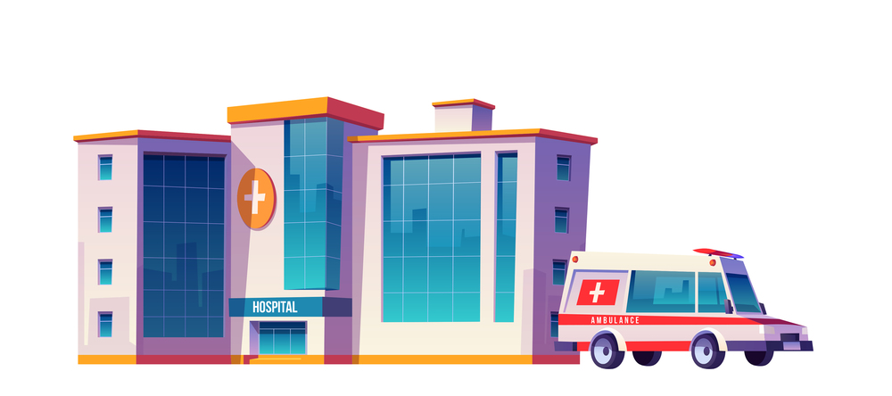 Hospital building and ambulance car isolated on white background. Vector cartoon illustration of medical clinic, urgent first aid service, emergency rescue and ambulatory service. Hospital building and ambulance car