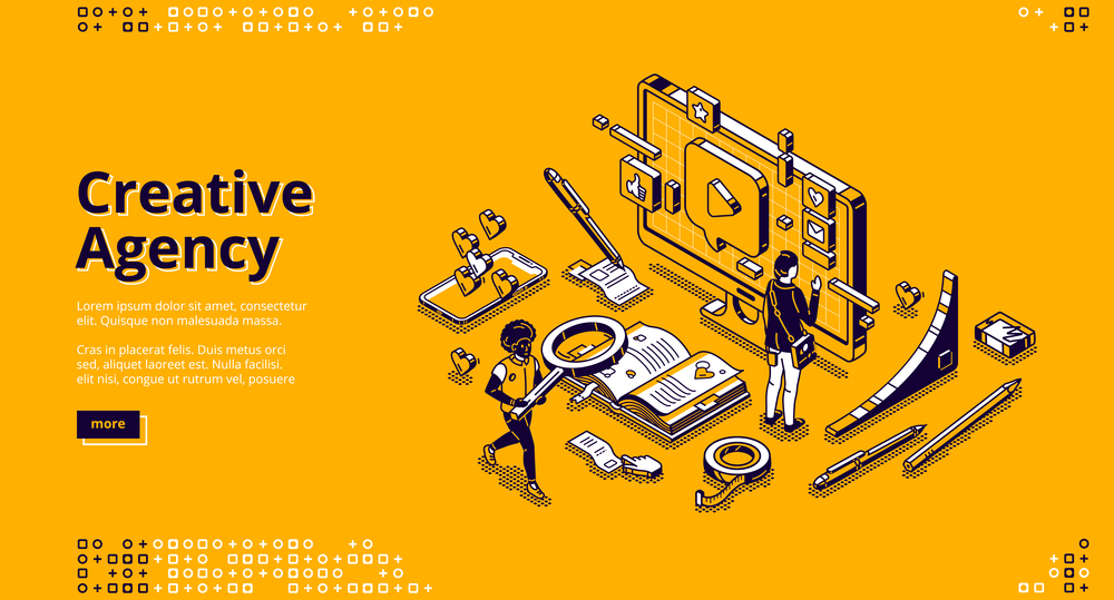 Creative agency banner. Creative strategy of digital design for promotion and advertising company in social media. Vector landing page with isometric working people, computer and smartphone. Vector banner for creative agency