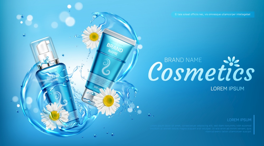 Chamomile cosmetics bottles mock up banner. Natural beauty product cream and pump tubes package on blue water splash background with flowers. Eco moisturize cosmetic Realistic 3d vector illustration. Chamomile eco cosmetics bottles mock up banner