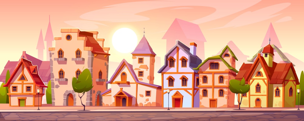 Medieval town street with old european buildings. Vector cartoon cityscape with vintage facade of houses with brick wall and wooden doors, trees, stone road and pavement. Medieval town street with old european buildings