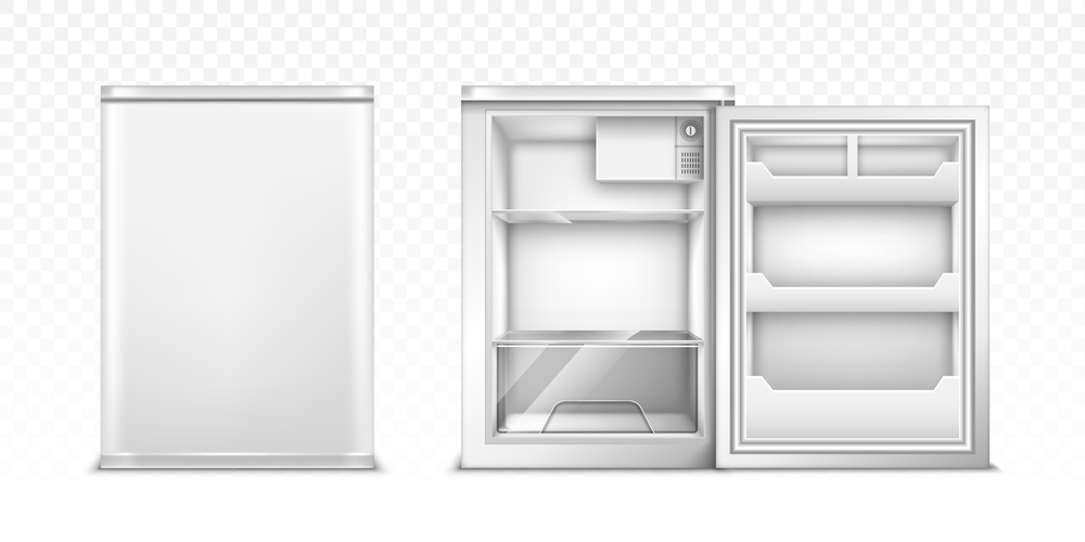 Small refrigerator with open and closed door. Vector realistic mockup of empty mini fridge for kitchen or restaurant. White cooler equipment in front view isolated on transparent background. Small refrigerator with open and closed door