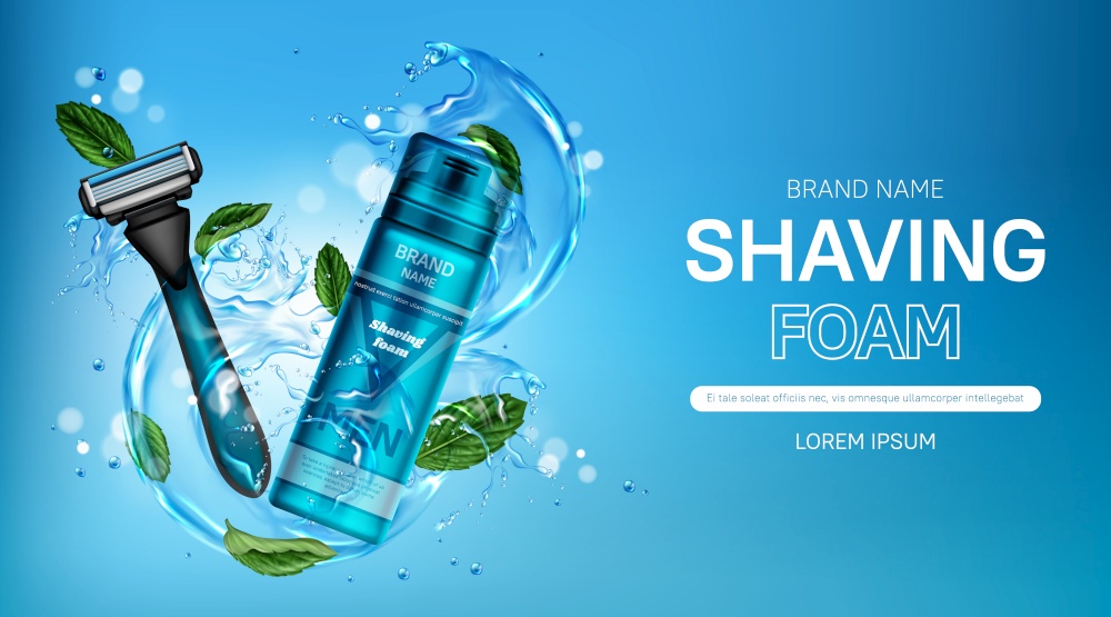 Shaving foam and safety razor blade on water splash with mint leaves background. Men cosmetics promotional banner with bottle and shaver. Body care cosmetic product, realistic 3d vector illustration. Shaving foam and safety razor blade ad banner