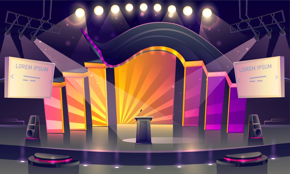 Conference hall, stage for presentation, empty scene interior with tribune, microphone, glowing spotlights illumination, decor, huge screens and acoustic dynamics by sides, Cartoon vector illustration. Conference hall, stage for presentation, scene
