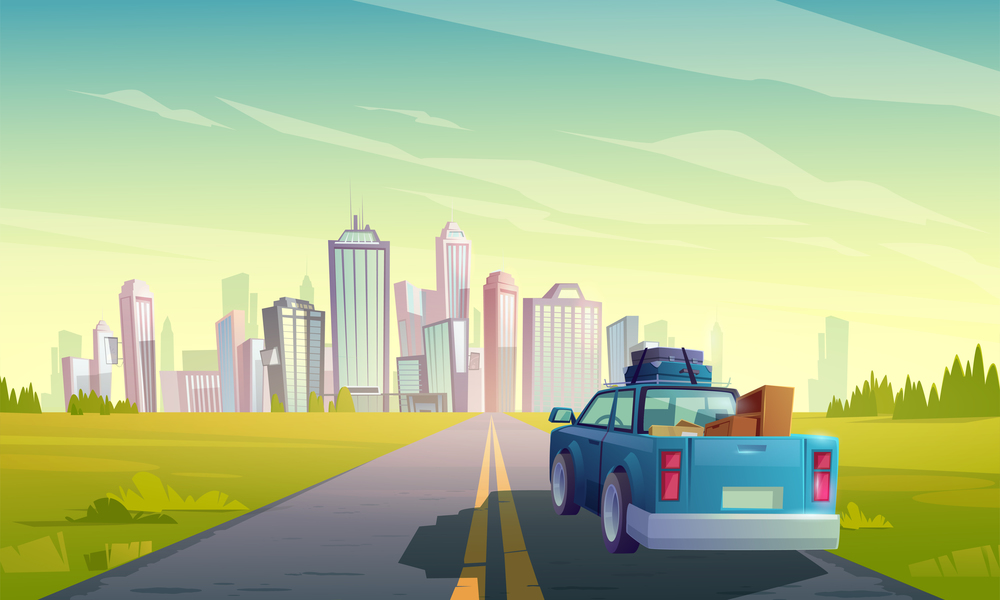 Relocation to another city, wagon truck with freight in open trunk rear view moving by two-lane road with grass on roadside to modern megapolis with skyscraper buildings, Cartoon vector illustration. Relocation to another city, truck with freight