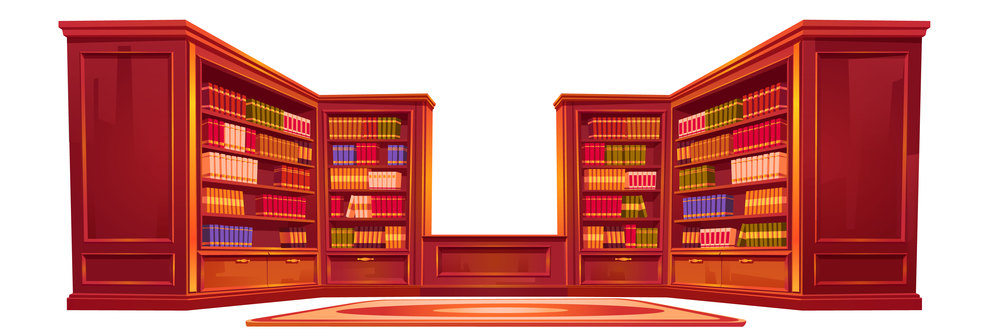 Luxury old library, place for reading with books on shelves and librarian desk. Athenaeum interior stuff, room with wooden bookshelves and rug on floor, literature storage. Cartoon vector illustration. Luxury old library, athenaeum interior stuff.