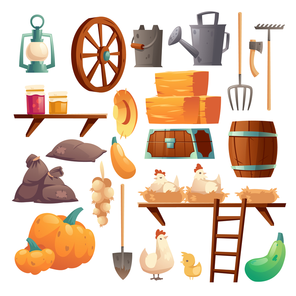 Set of barn stuff, chicken and chicks. Farm things wooden wheel, watering can and metal bucket, barrel, hay bale and pumpkin. Coop with perch, farmer tools and veggies crop Cartoon vector illustration. Set of barn stuff, chicken and chicks, farm things