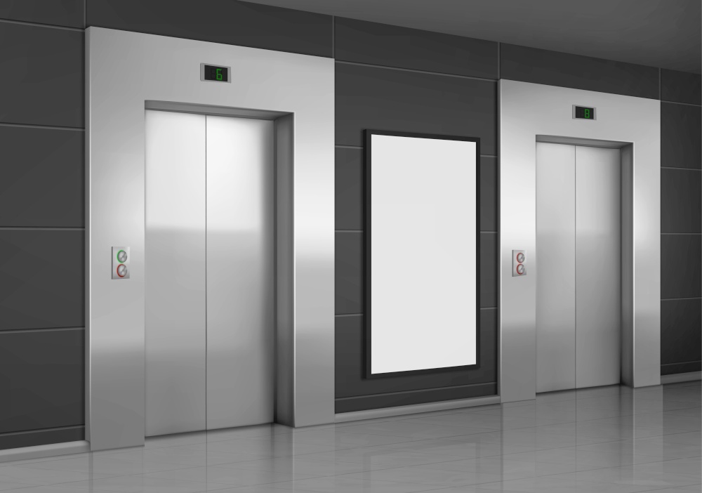 Realistic elevators with close doors and ad poster screen on wall, perspective view mockup. Office or modern hotel hallway, empty lobby interior with lifts and blank display, 3d vector illustration. Realistic elevators with close door and ad poster