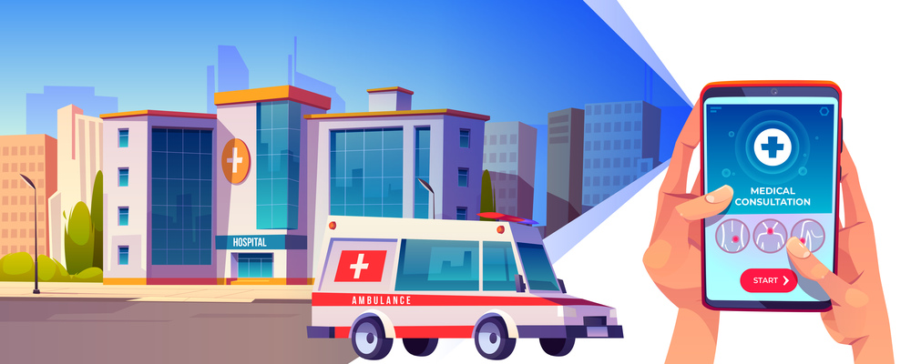 Online medical consultation app. Hands hold smartphone with application interface on urban background with ambulance riding on city street. Medicine, hospital call service, Cartoon vector illustration. Online medical consultation application, service