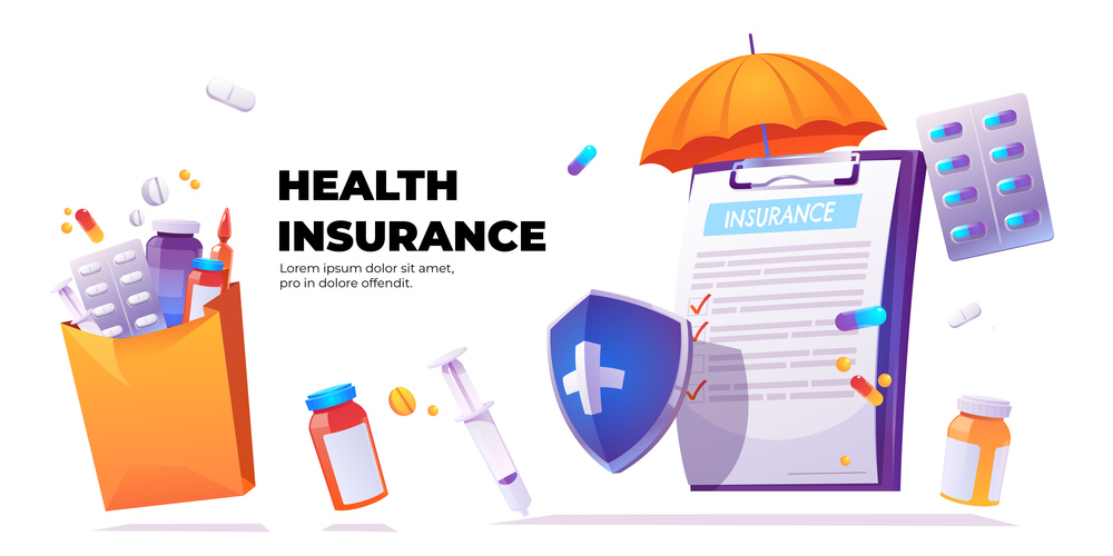 Health insurance banner. Vector poster with cartoon illustration of clipboard with claim form, shield with cross, umbrella and pharmacy drugs. Healthcare concept with medical insurance. Vector banner of health insurance service