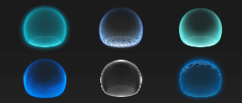Force shield bubbles, various energy glowing spheres or defense dome fields. Science fiction deflector elements, firewall absolute protection isolated on black background, Realistic 3d vector set. Force shield bubbles, various energy glow spheres