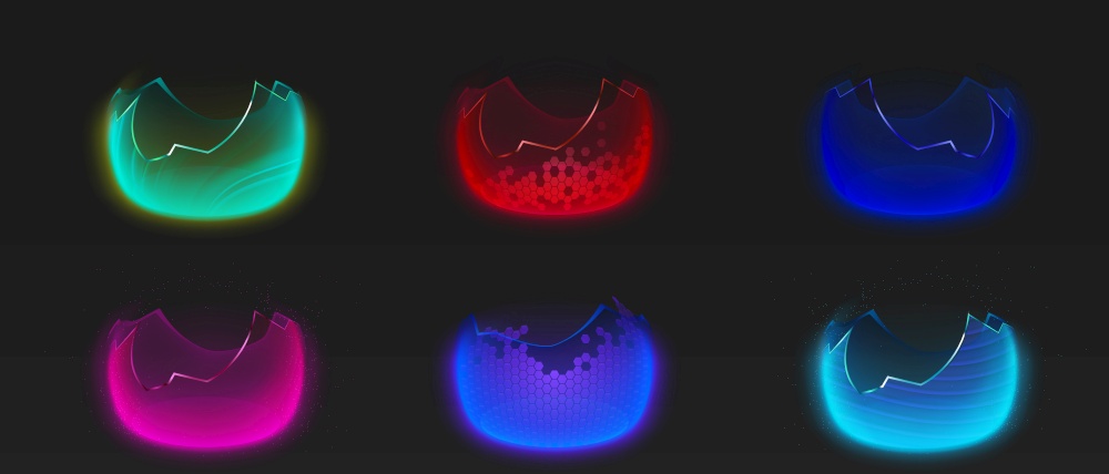 Broken bubble shields, damaged protection force fields. Vector realistic set of safety energy barrier with crack and fracture isolated on black background. Broken defence concept. Vector realistic broken bubble shields