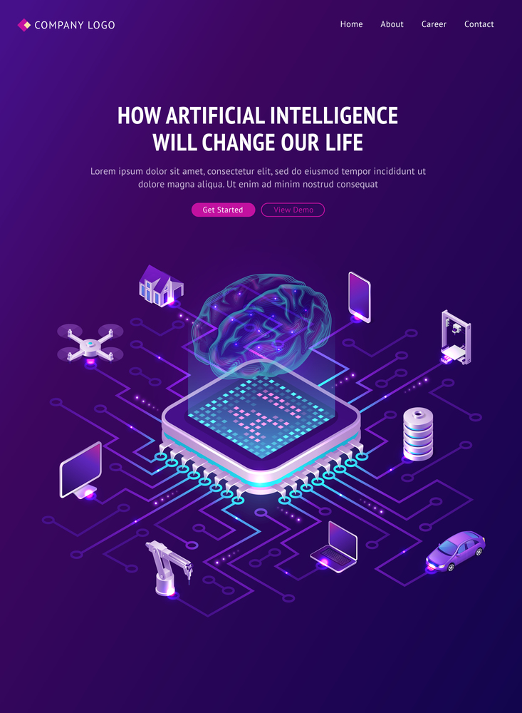 Artificial intelligence banner. Concept of innovation technologies in life. Vector isometric illustration of network, circuit connection of chip with hologram brain and computer, house and car. Vector banner of artificial intelligence