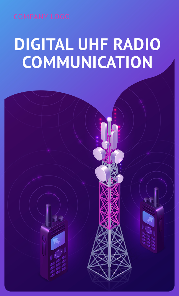 Digital UHF radio communication isometric banner, telecom tower and walkie talkie with antennas radiate waves. Transmitter equipment for wireless telephone connection, broadcast 3d vector illustration. Digital UHF radio communication isometric banner