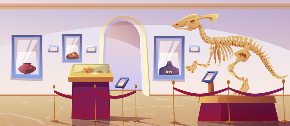 Historical museum interior with dinosaur skeleton and archeological exhibits. Vector cartoon illustration of exhibition of paleontology and archeology, prehistoric animals and ancient artefacts. Historical museum interior with dinosaur skeleton