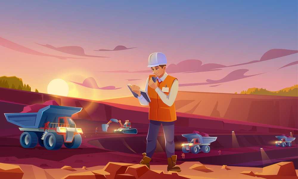 Man in helmet working on mining quarry. Opencast mine with dumpers, excavator and workers. Vector cartoon illustration of ore extraction open cast and engineer. Man in helmet working on mining quarry