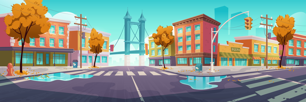 City street with crossroad in autumn, empty transport intersection with zebra crossing, puddles and fallen leaves. Urban architecture, infrastructure, megapolis with trees. Cartoon vector illustration. City crossroad in autumn time, empty intersection