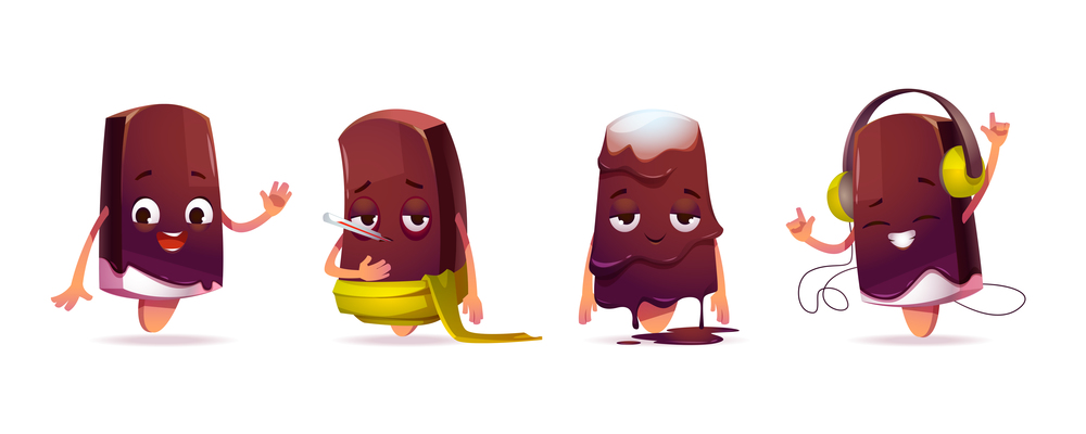 Cute ice cream character in different poses. Vector set of cartoon chat bot, funny chocolate popsicle waves hand, feels ill, melts and listen music in headphones. Cute ice cream character in different poses