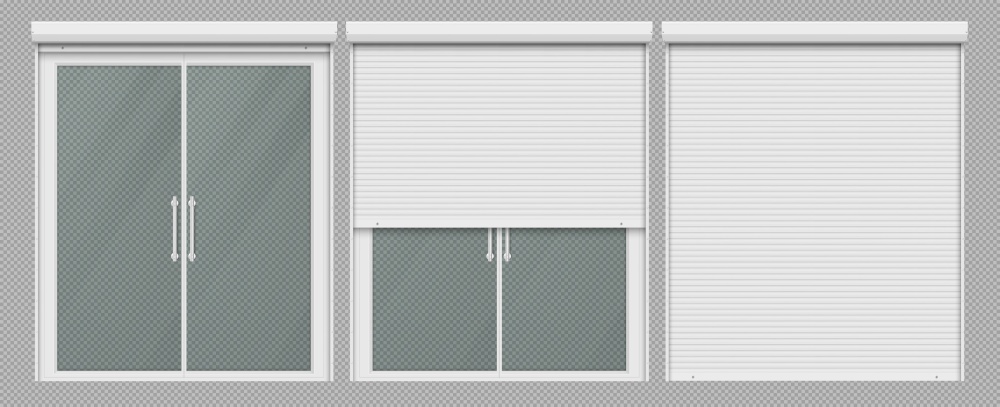 Window with roller shutter up and close. Plastic pvc double casement blinds. Opened and shut front view. Home facade design elements isolated on transparent background realistic 3d vector illustration. Double window with roller shutter up and close