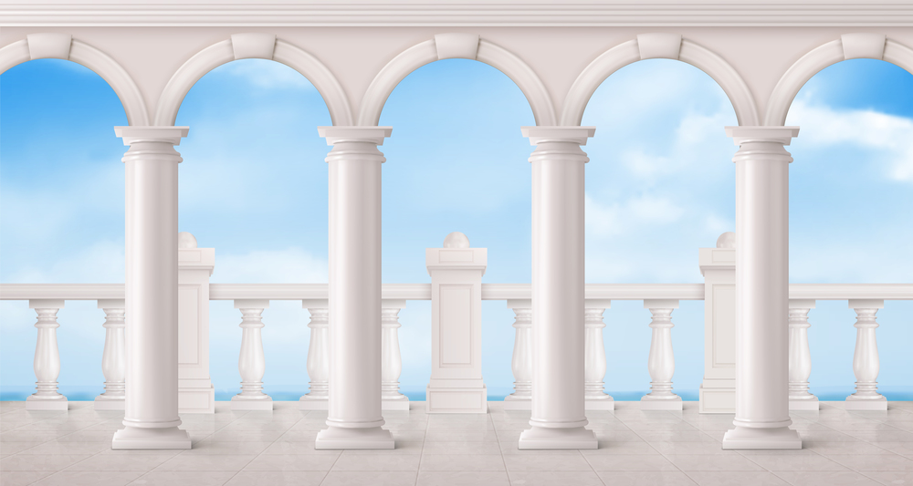 White marble balustrade, arches and columns on balcony or terrace with overlooking to sea. Vector realistic landscape with baroque railing, classic roman pillars, ocean and sky. White marble balustrade and columns on balcony