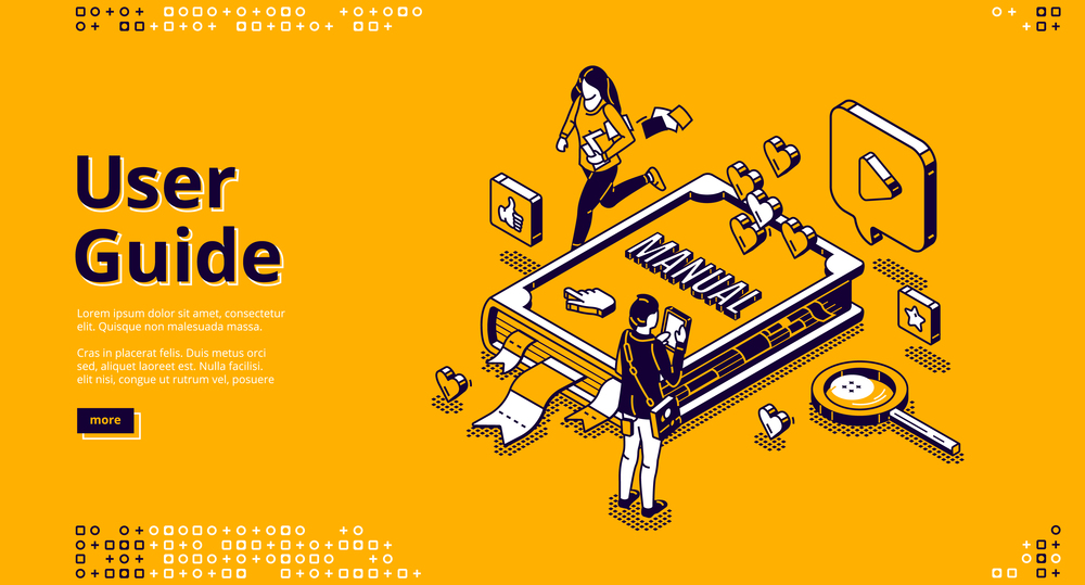 User guide isometric landing page, tiny people around of huge manual book, woman carry documents, man use gadget. Instruction booklet, tutorial help, guidance information 3d vector line art web banner. User guide isometric landing page, people and book