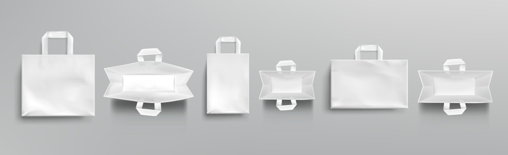 Paper shopping bags top and front view mockup, white packages with handles, blank rectangular ecological gift pack, isolated mock up for branding and corporate identity design, Realistic 3d vector set. Paper shopping bags top and front view mockup