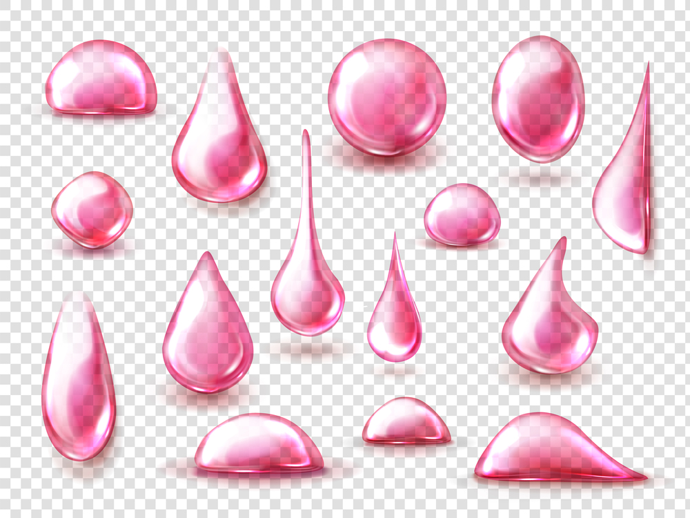 Pink drops of water, wine or juice isolated on transparent background. Vector realistic mockup of liquid drips of strawberry or cherry juice, fruit drink, clear bubbles. Set of red drops of pink water, juice or wine