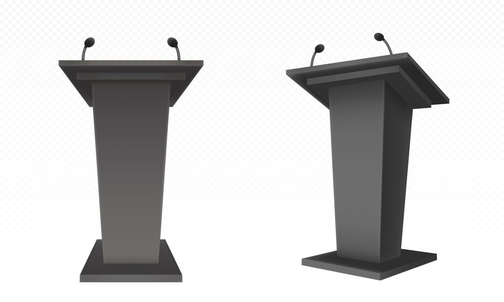 Black pulpit, podium or tribune front side view. Rostrum stand with microphone for conference debates, trophy isolated on transparent. Business presentation speech pedestal Realistic vector mock up. Black pulpit, podium or tribune, rostrum stand