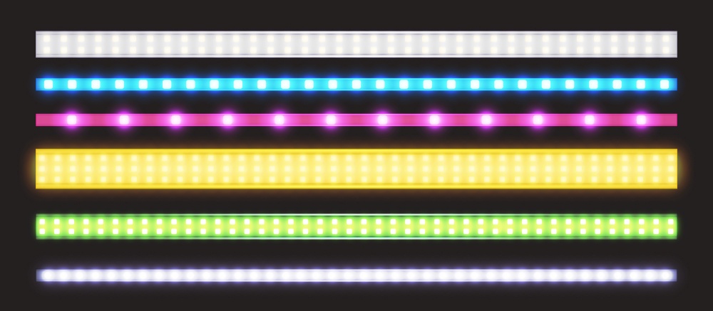 Led strips with neon glow effect isolated on transparent background. Vector realistic set of colored light stripes, glowing tape with pink, green, blue, yellow and white lamp and diode bulbes. Vector set of led strips with neon glow effect
