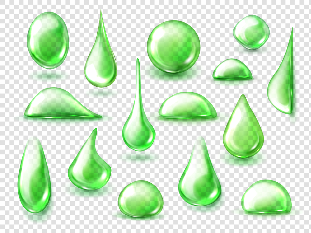 Green drops of water, lime juice, herbal tea or slime liquid drips. Natural cosmetics or fruit drink clear droplets of different shapes isolated on transparent background realistic 3d vector icons set. Green drops of water, herbal tea liquid drips