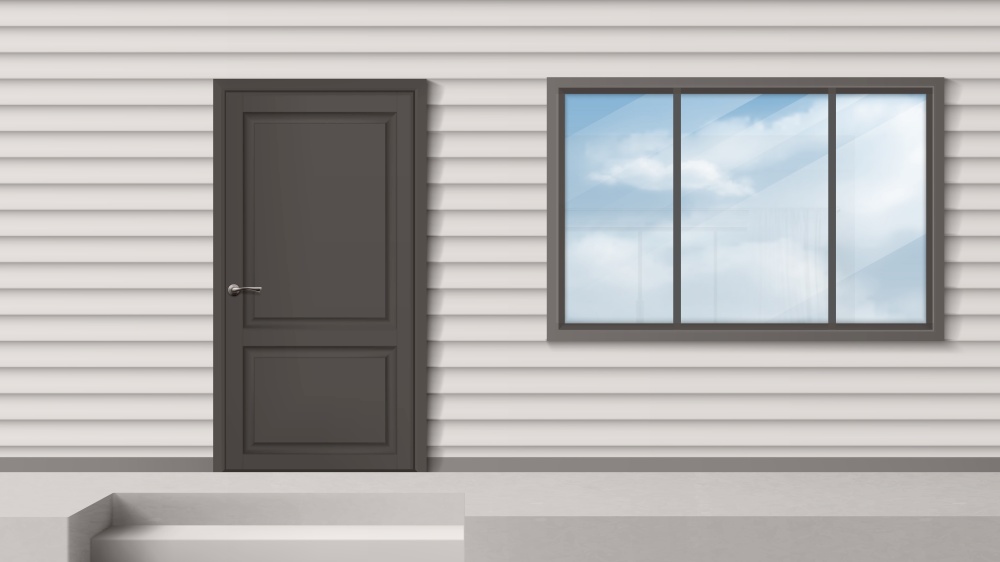 House facade with gray door, window, siding wall and steps. Vector realistic background of building front, modern home porch. Entrance for suburban apartment outside. House facade with gray door, window, siding wall