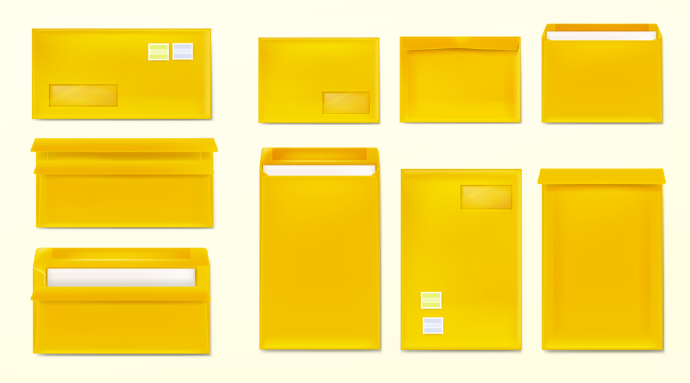 Yellow envelopes with stamps. Blank closed and open paper covers, vertical and horizontal letter packages mock up for mail, letters, sending documents and messages, Realistic 3d vector template set. Yellow envelopes with stamps. Blank paper covers