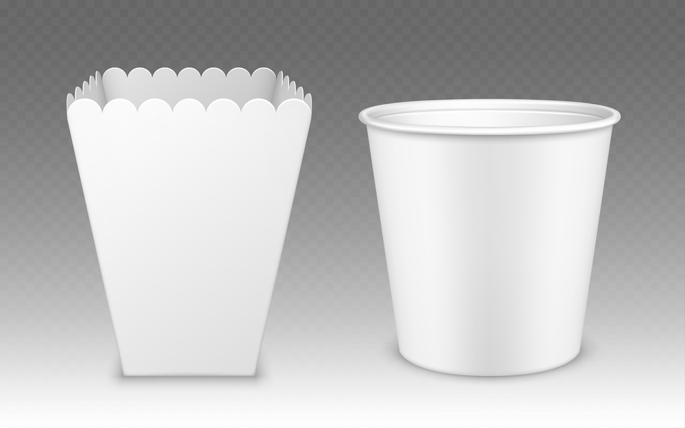 Blank bucket for popcorn, chicken wings or legs white mockup isolated on transparent background. Empty pail fastfood , paper hen bucketful design, food boxes rendering, Realistic 3d vector mock up. Blank bucket for popcorn, hen wings or legs mockup