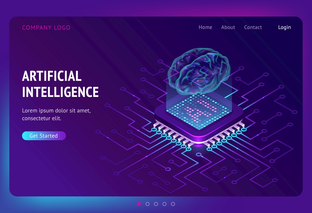 Artificial intelligence isometric landing page, ai technologies, glowing human brain levitate on antigravity platform with microcircuits on neon glowing futuristic background, 3d vector web banner. Artificial intelligence ai isometric landing page