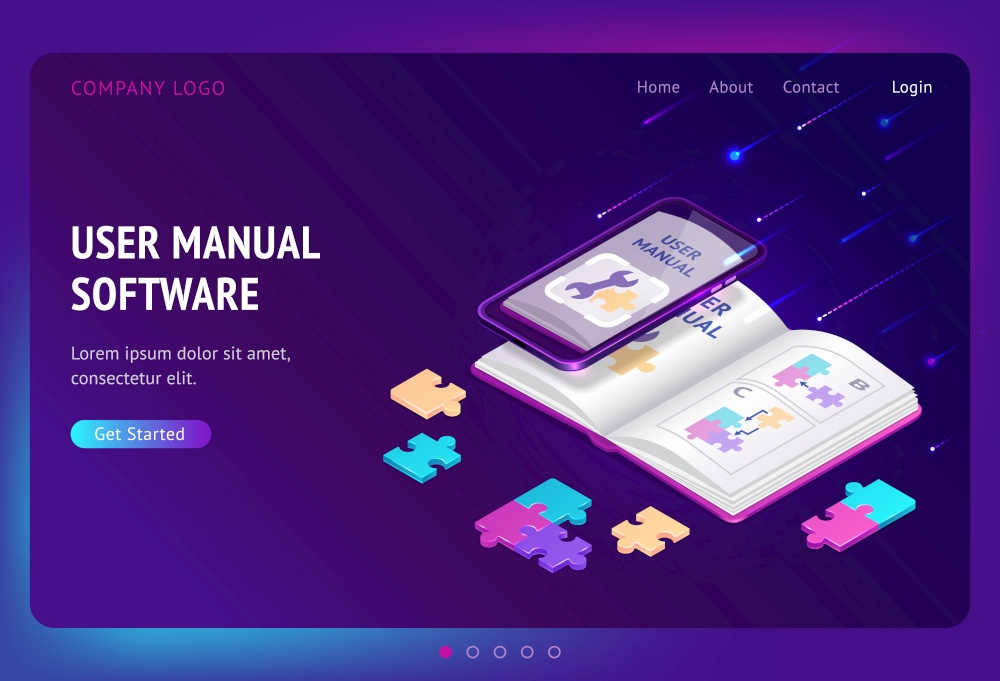 User manual software isometric landing page, guide book with tech documents on mobile phone screen. Instruction booklet, tutorial help, guidance information for gadgets, app. 3d vector web banner. User manual software isometric landing, web banner