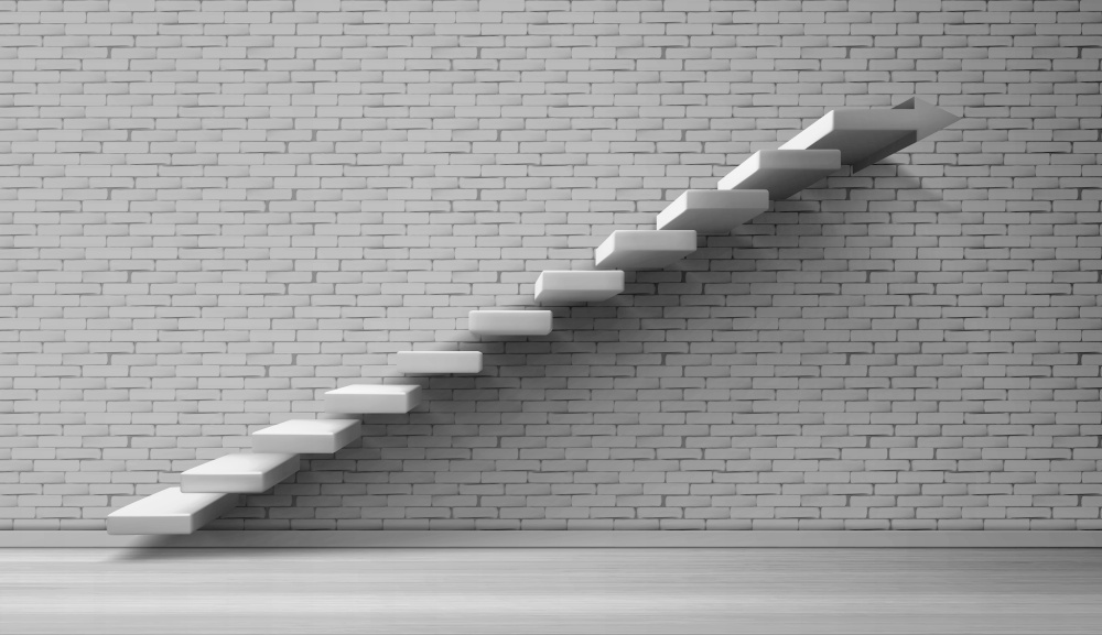 3d stairs, white staircase on brick wall background. Architecture ladder construction for building interior or exterior decoration. Way to business career success, Realistic vector illustration. 3d stairs white staircase on brick wall background