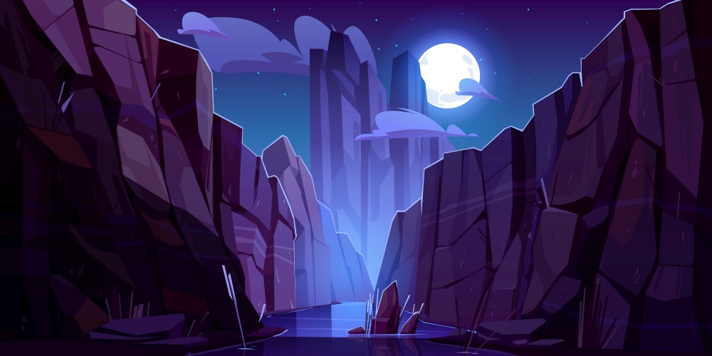 Mountain river in canyon at night. Vector cartoon landscape of nature park, water stream in gorge with stone cliffs and rocks. Grand canyon national park in Arizona. Mountain river in canyon at night