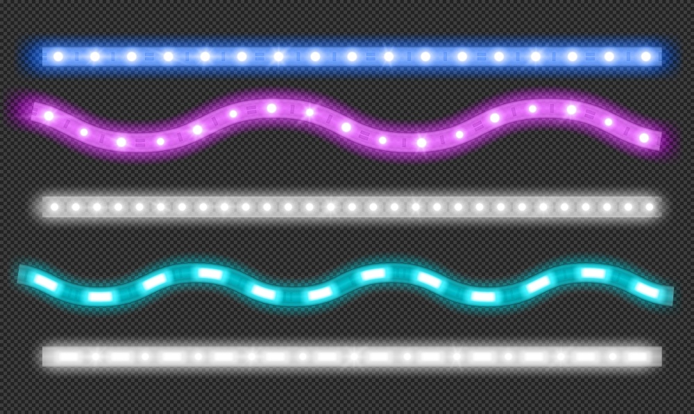 Led strips with neon light effect isolated on transparent background. Vector realistic set of colored light stripes and wavy glowing tape with blue and white lamp and diode bulbes. Vector set of led strips with neon light effect
