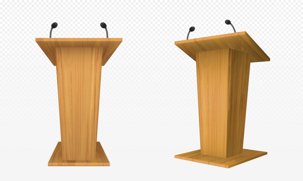 Wooden pulpit, podium or tribune front side view. Rostrum stand with microphone for conference debates, trophy isolated on transparent. Business presentation speech pedestal Realistic vector mock up. Woodeb pulpit, podium or tribune, rostrum stand
