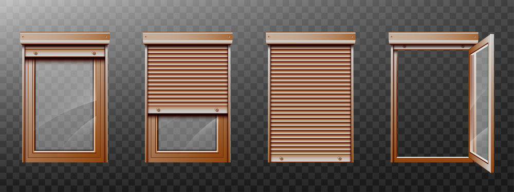 Window with roller shutter up and close. Brown plastic pvc single casement blinds. Opened and shut front view. Realistic 3d vector home facade design elements isolated on transparent background, set. Brown window with roller shutter up and close set