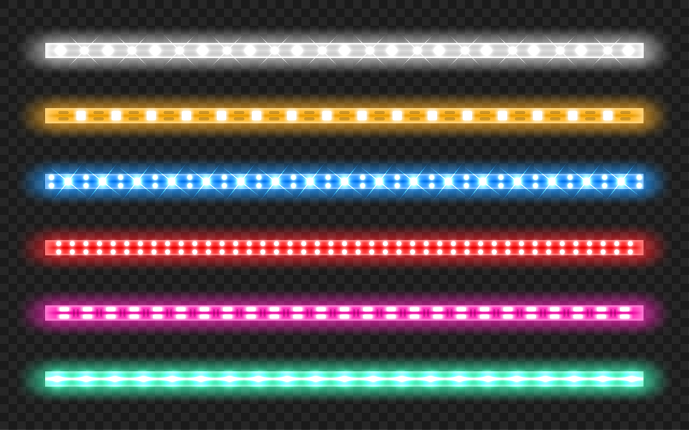 Led strips with neon glow effect isolated on transparent background. Vector realistic set of colored light stripes, glowing tape with red, green, blue and white lamp and diode bulbes. Vector set of led strips with neon glow effect