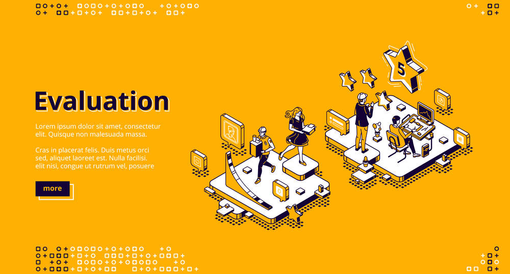 Evaluation banner. Customer review, feedback about quality, experience report. Vector landing page of rating service with isometric illustration of people, stars and chart. Landing page of rating and evaluation service